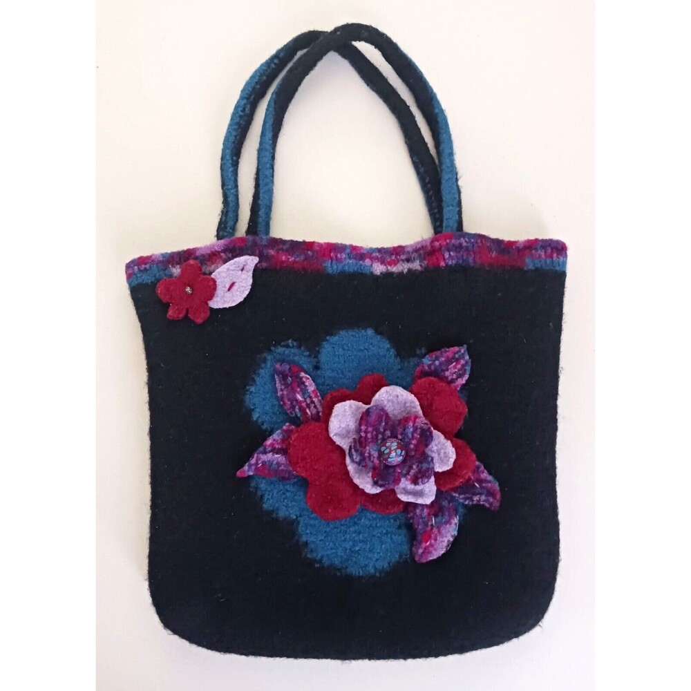 Blk Felted Wool Lg Tote Bag Applique Flowers Lav Turq Burgundy Stripes 14X2X14